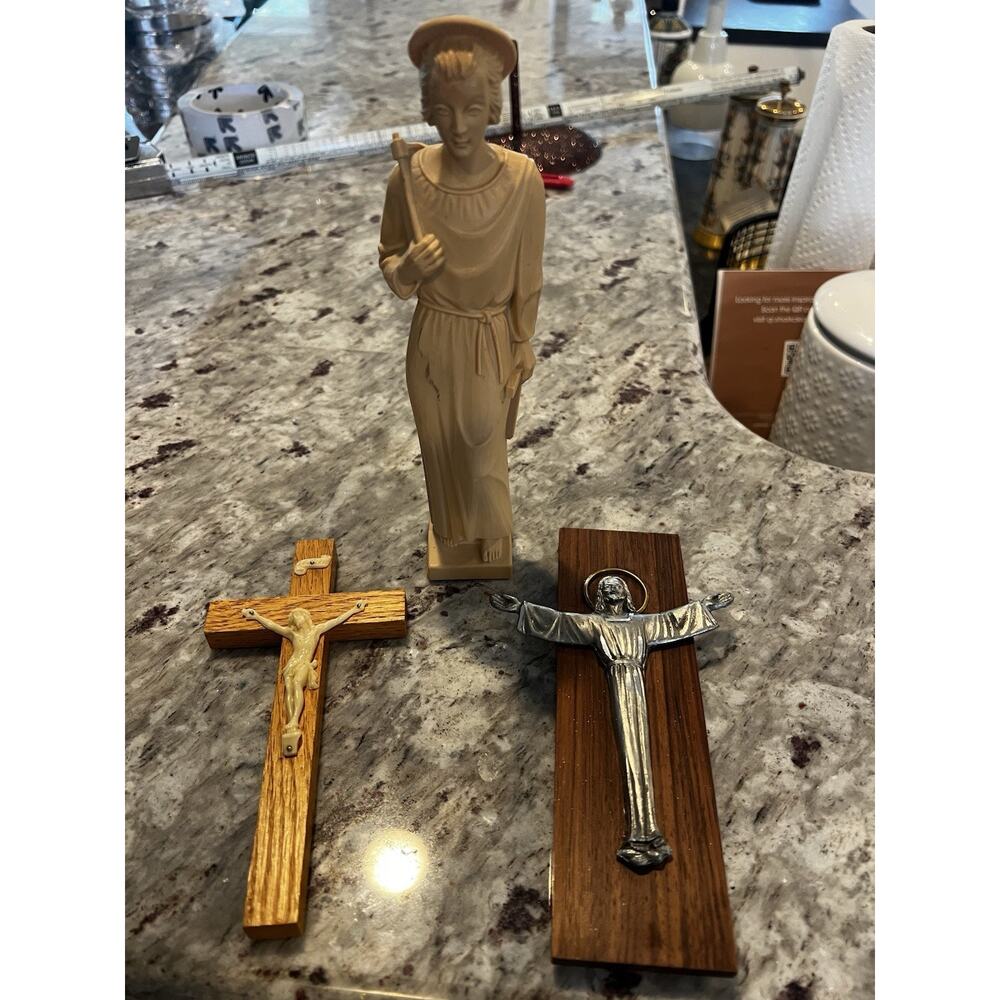 3 pc. Cross St Joseph figurines crucifix wood religious christian Bible